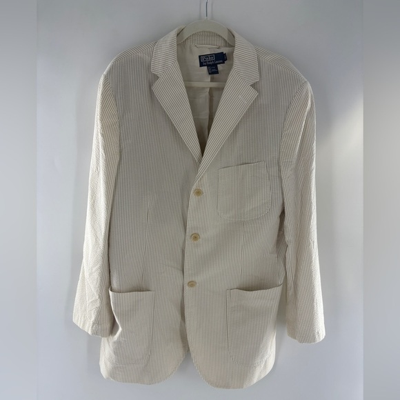 Polo Ralph Lauren  Men’s Seersucker Suit Large Blazer & Pants Striped Tan 36/30 - Picture 2 of 16